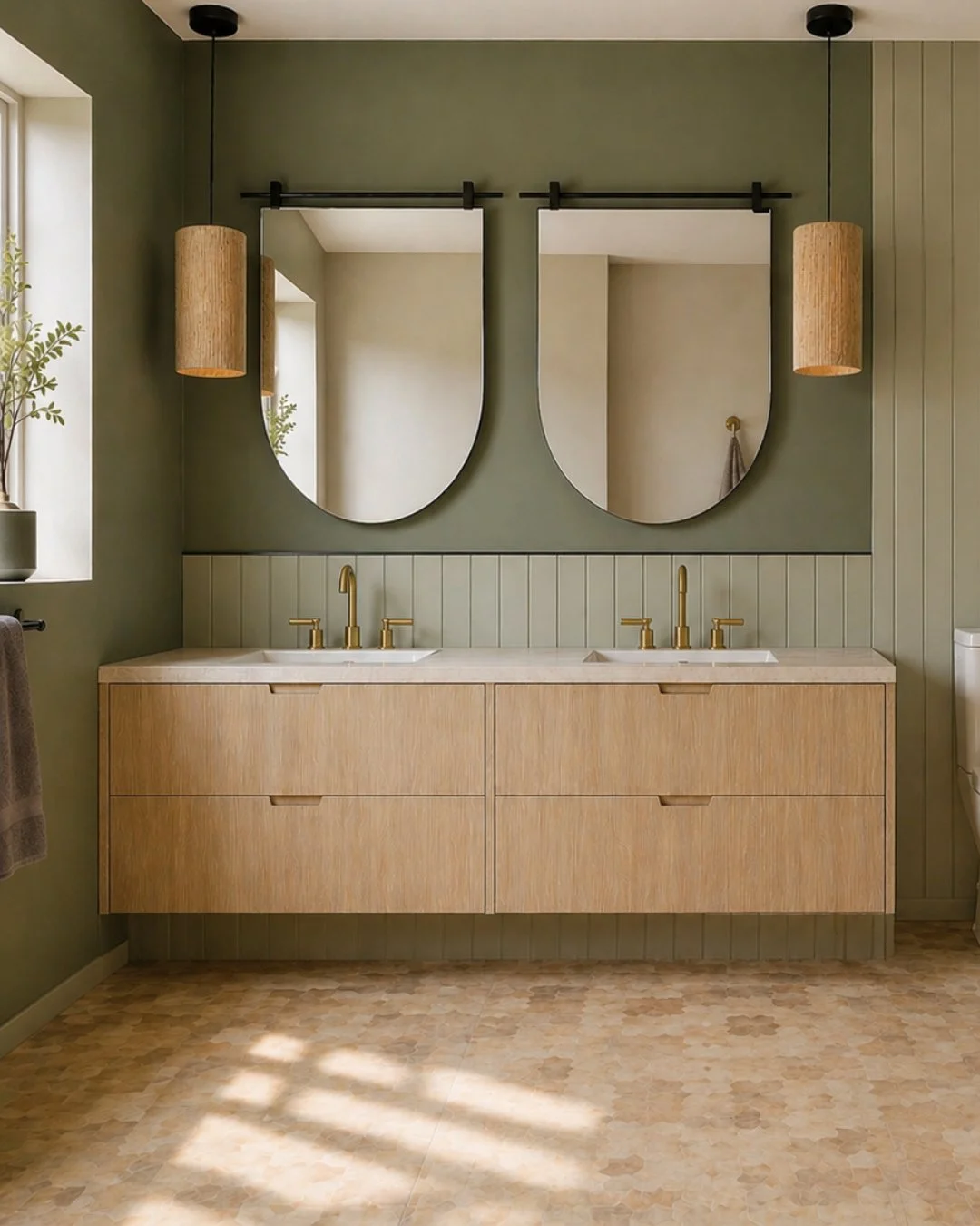 Modern and traditional elements come together to shape a boys&rsquo; bathroom that feels fun, but still refined.⁠
We keep always keep the effortless feel &mdash; never overdone.⁠
Parma Star &amp; Cross floor tiles from @tilebar. Mirrors from @fourhan