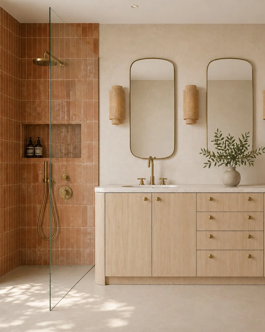 In  our bathroom remodels - we are always bringing in some coastal warmth. In this one - Micro cement, costal white oak vanity and terracotta tiles. Rope wall sconces from @hudsonvalleylighting⁠
 Peaceful spaces that let you reconnect with yourself. 