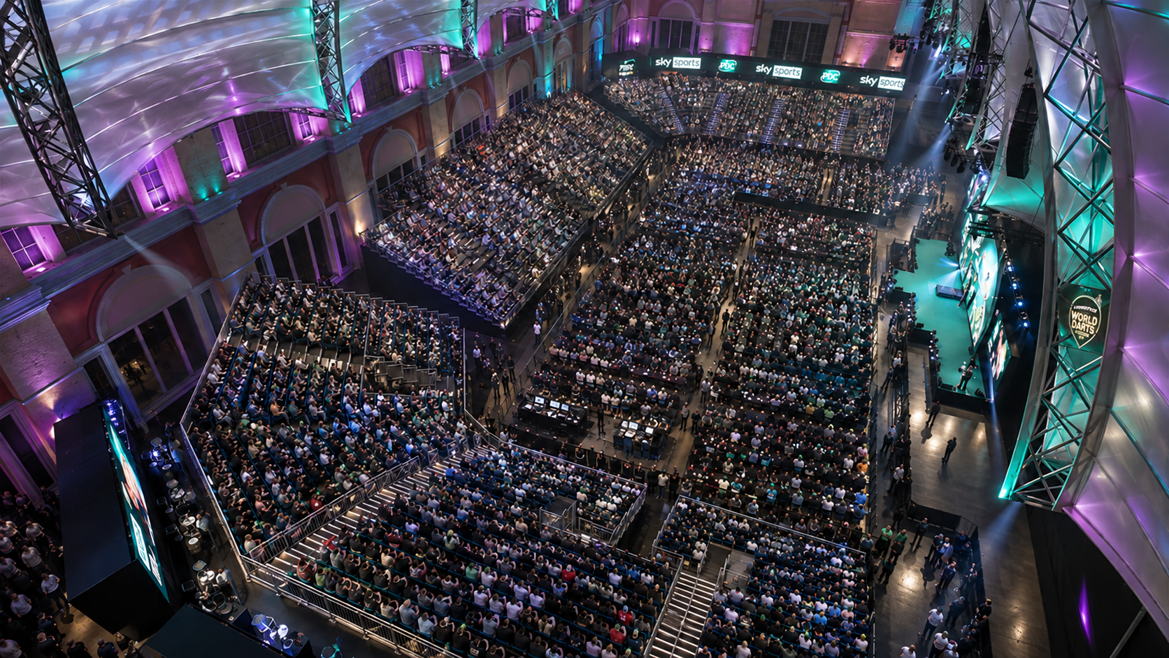 Visualisation by Parachute Studios of an aerial view of the PGC Darts at Alexandra Palace