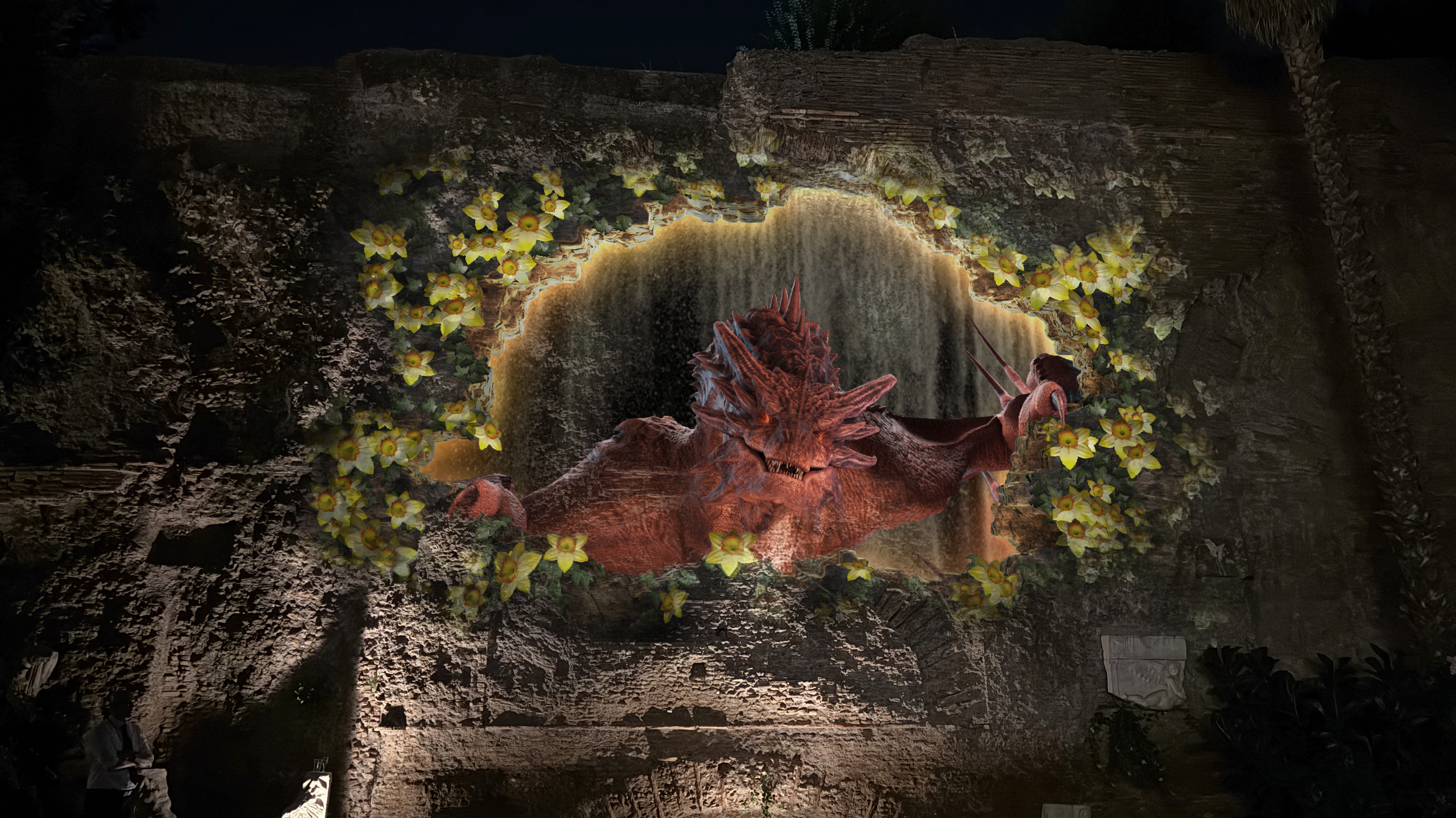 A red welsh dragon in a dark cave 3d projection mapping for the kings birthday by parachute