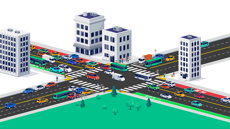 Illustration of a city intersection with multiple cars, buses, pedestrians, and tall buildings on a sunny day.