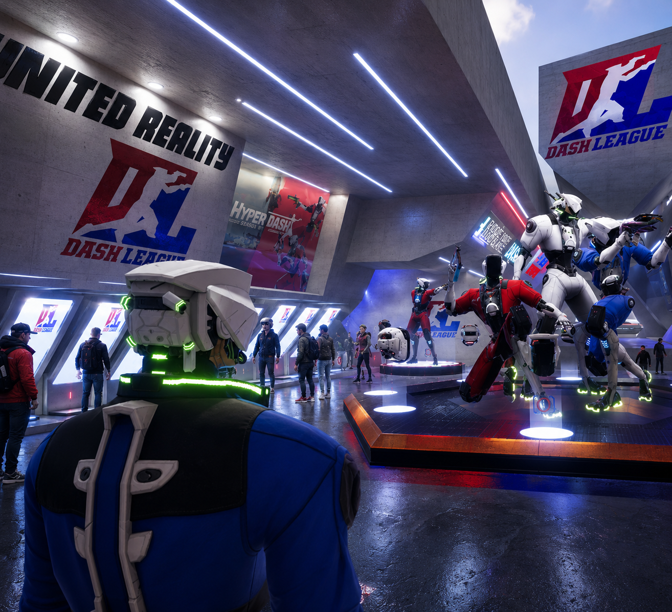 A VR video environment for a death match Video game Dash League