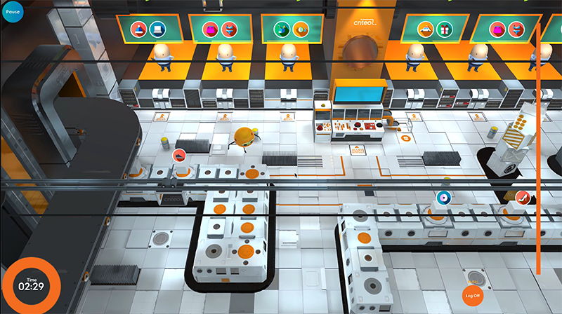 Screenshot from a video game in a factory or laboratory setting with robots, conveyor belts, and monitors displaying icons. At the bottom left, there's a timer showing 2 minutes and 29 seconds. The scene includes various mechanical equipment and stations for processing or assembling items.