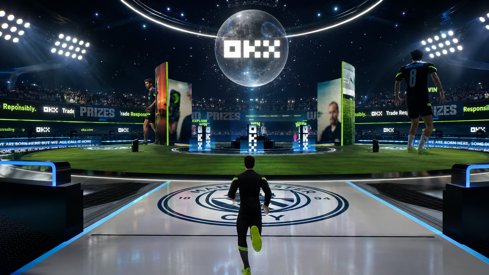 Digital sports arena with soccer players, digital screens displaying prizes, a large moon and starry sky, and a player running toward the field.