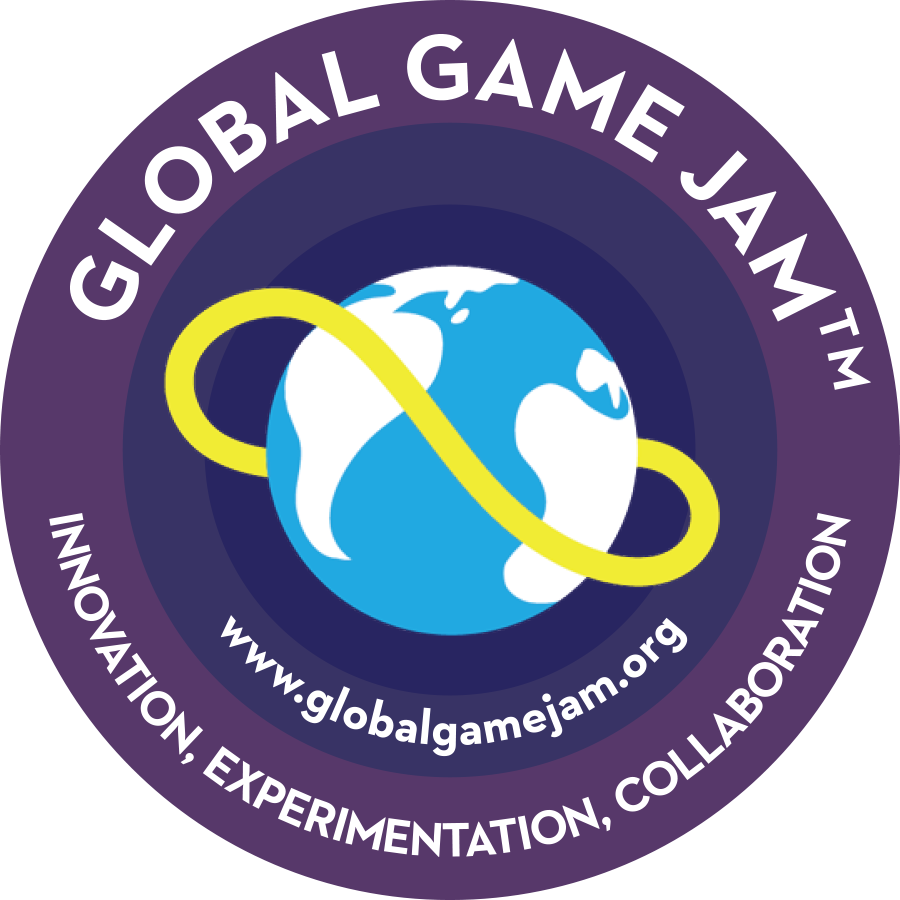 Logo for Global Game Jam featuring a globe with a yellow ring around it, on a purple background with white text that reads "Global Game Jam," "www.globalgamejam.org," and "Innovation, Experimentation, Collaboration."