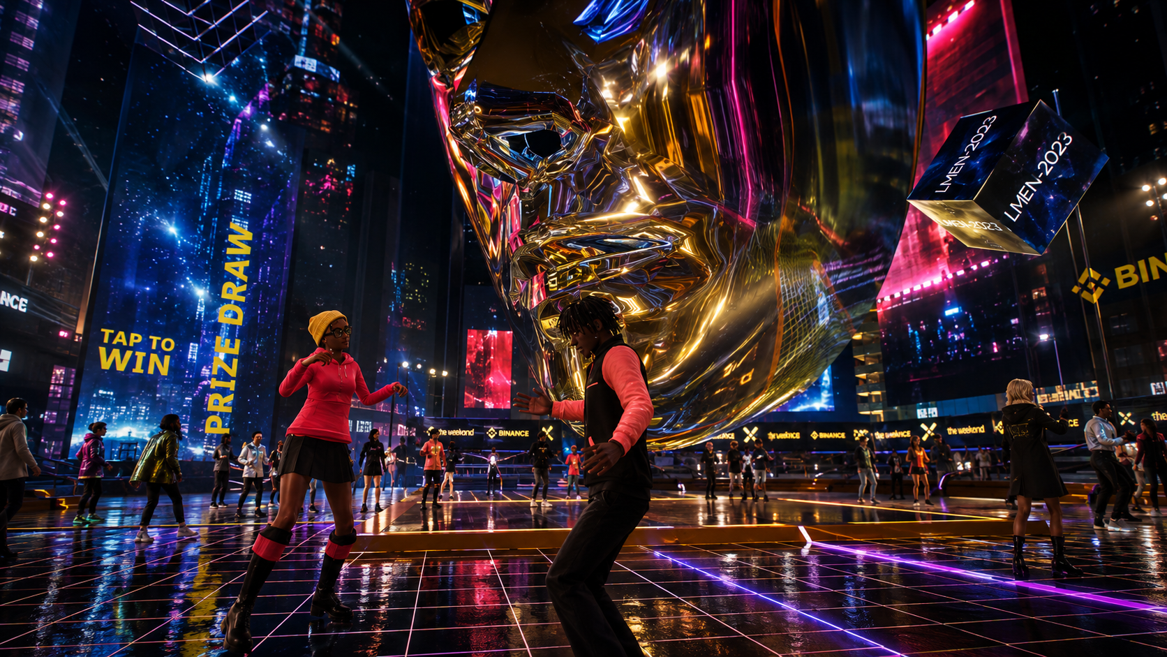 People dancing in a futuristic cityscape with a large, shiny gold face sculpture suspended in the air and neon signs, including a large vertical blue sign that reads 'Prize Draw' and a smaller sign 'Tap to Win'.