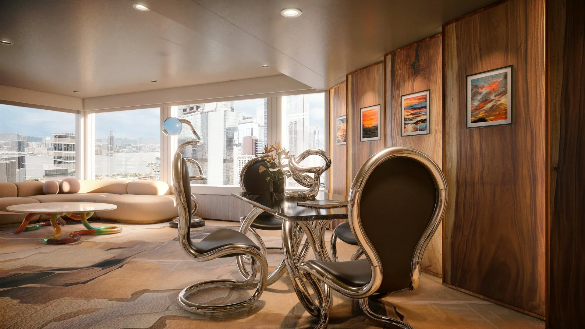 Marriot Hotel Suite Visualisation with large windows showing a Hong Kong skyline.