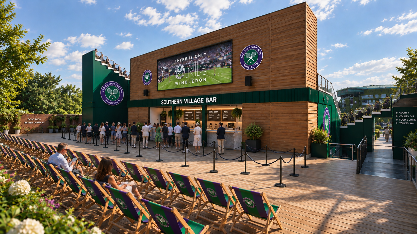 Visualisation by Parachute Studios of Wimbledon outdoor seating and concession area with a line of people at the Southern Village Bar, large screens displaying Wimbledon logo, and spectators sitting on deck chairs under a blue sky.
