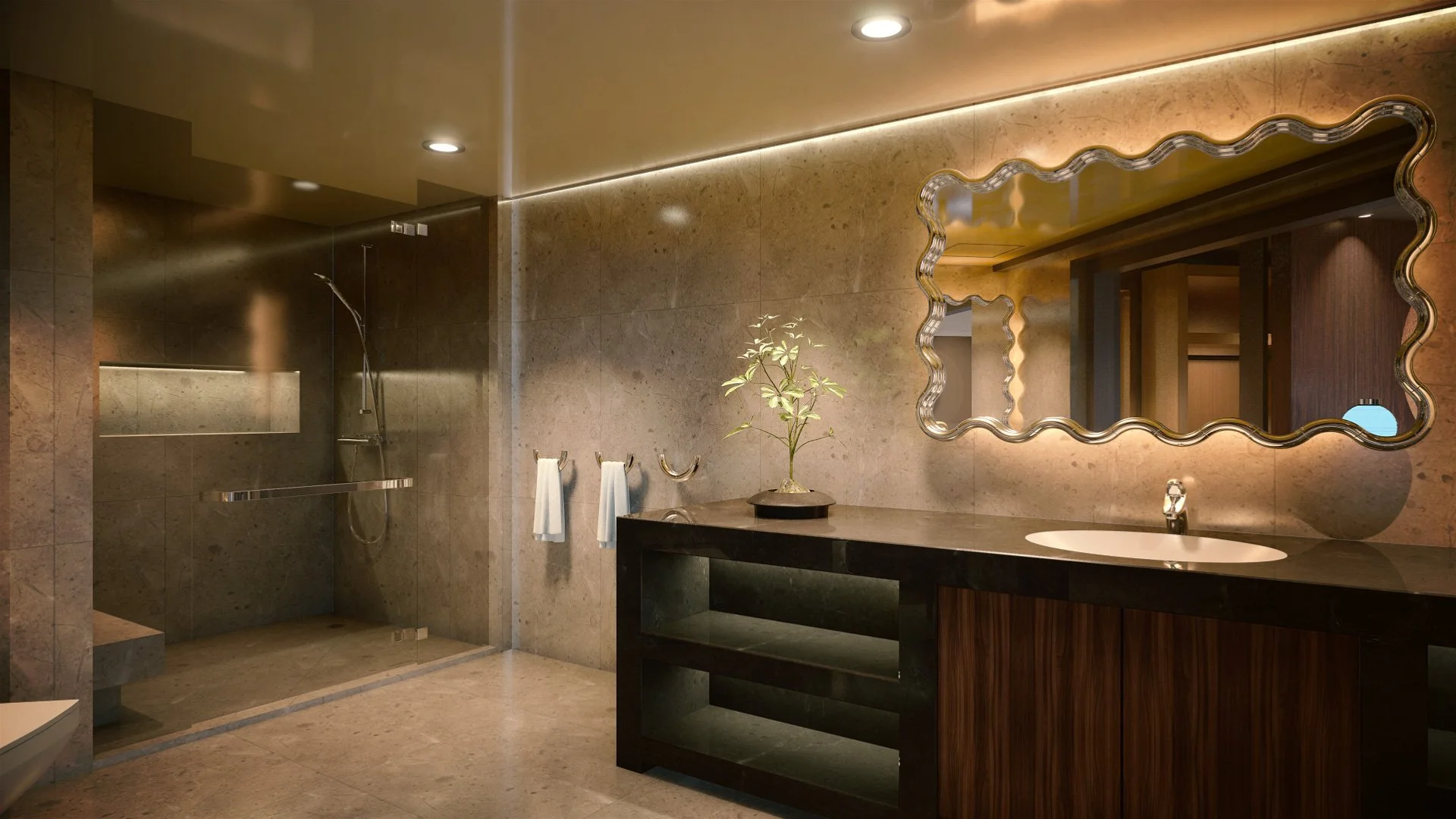 Marriot Hotel Suite Visualisation Modern bathroom with a walk-in shower, a dark wooden vanity with a black countertop, a decorative mirror with a wavy frame.