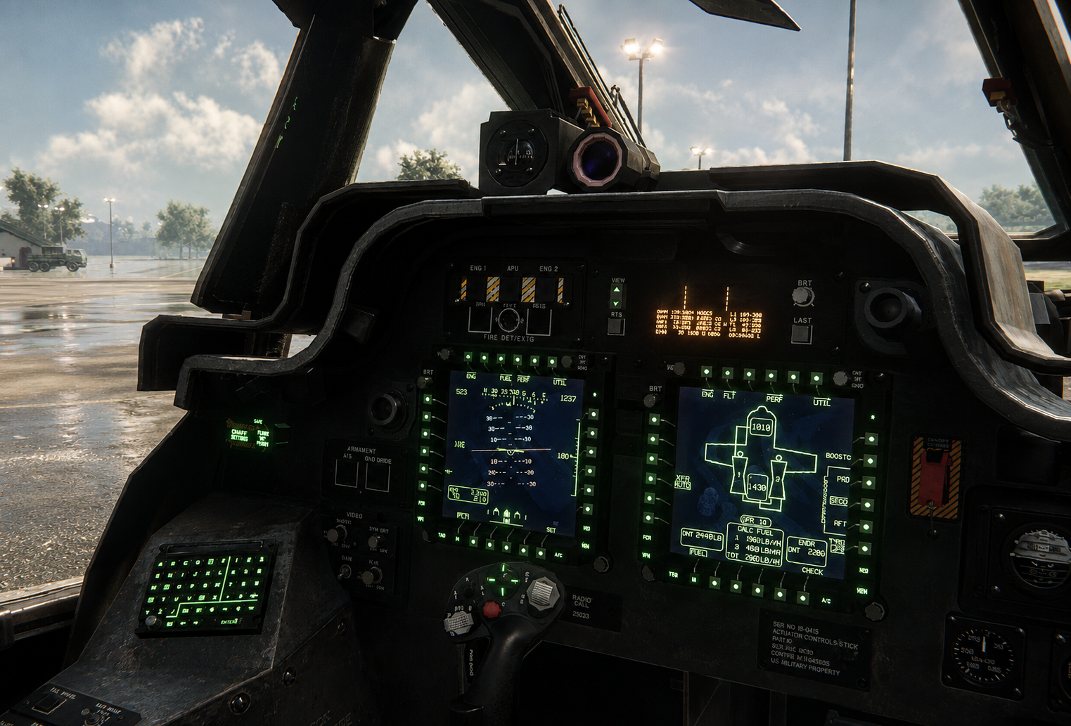 A VR cockpit of an Apache Helicopter.