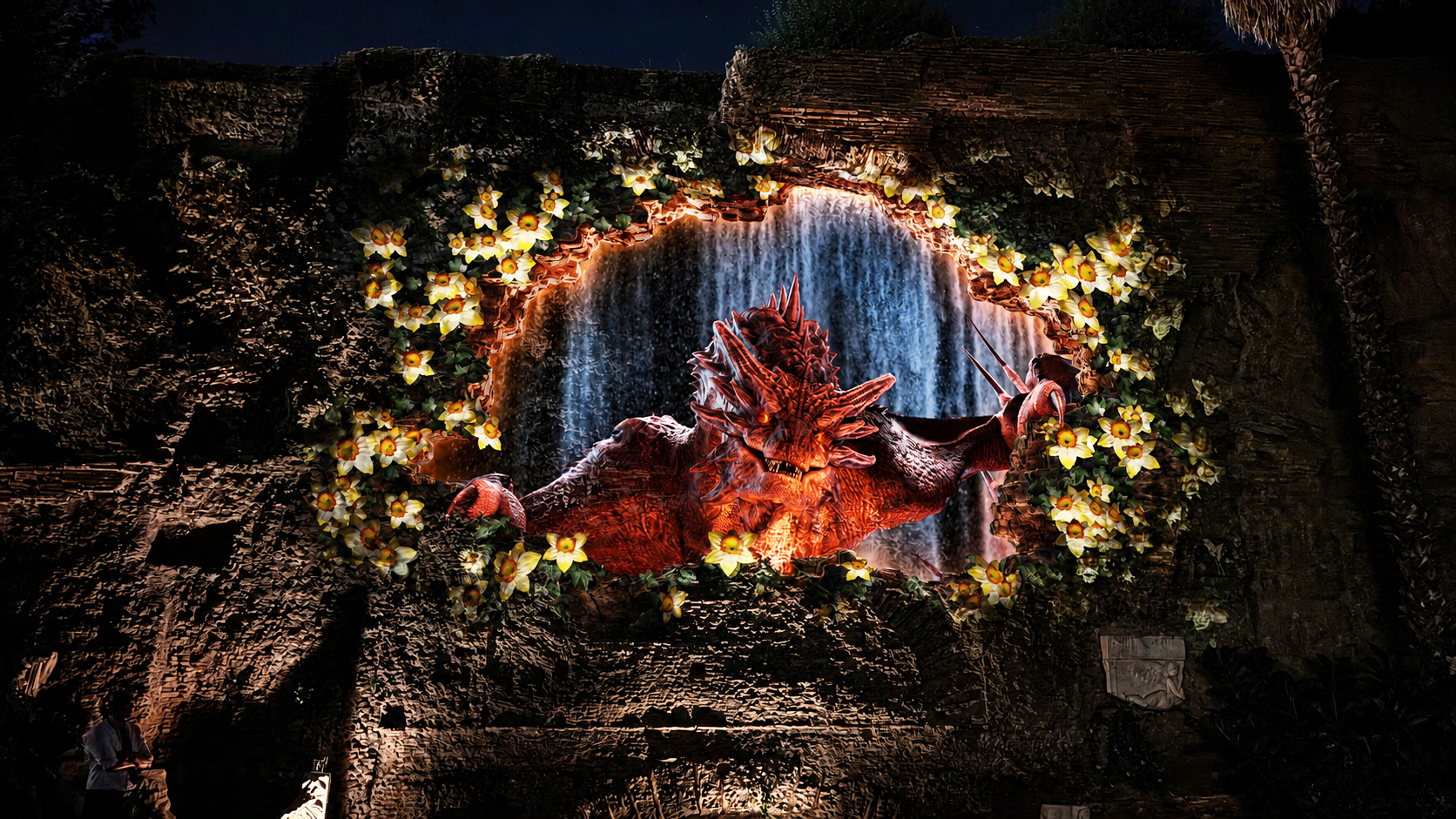 A large, illuminated dragon sculpture with glowing eyes, King Charles Birthday Party 2026 projection mapping Parachute Studios