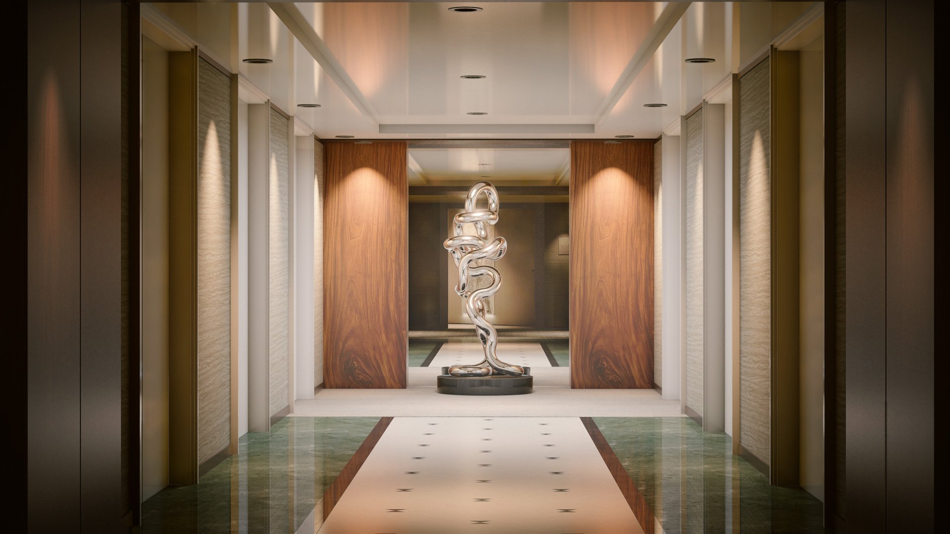 Marriot Hotel Suite Visualisation Elegant hotel corridor with a sculpture in the background on a pedestal, flanked by wood-paneled walls and framed by elevator doors.