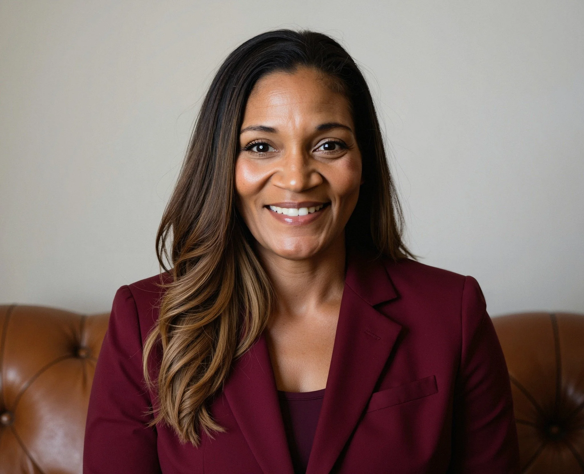 sex coach sitting on a brown couch welcoming clients