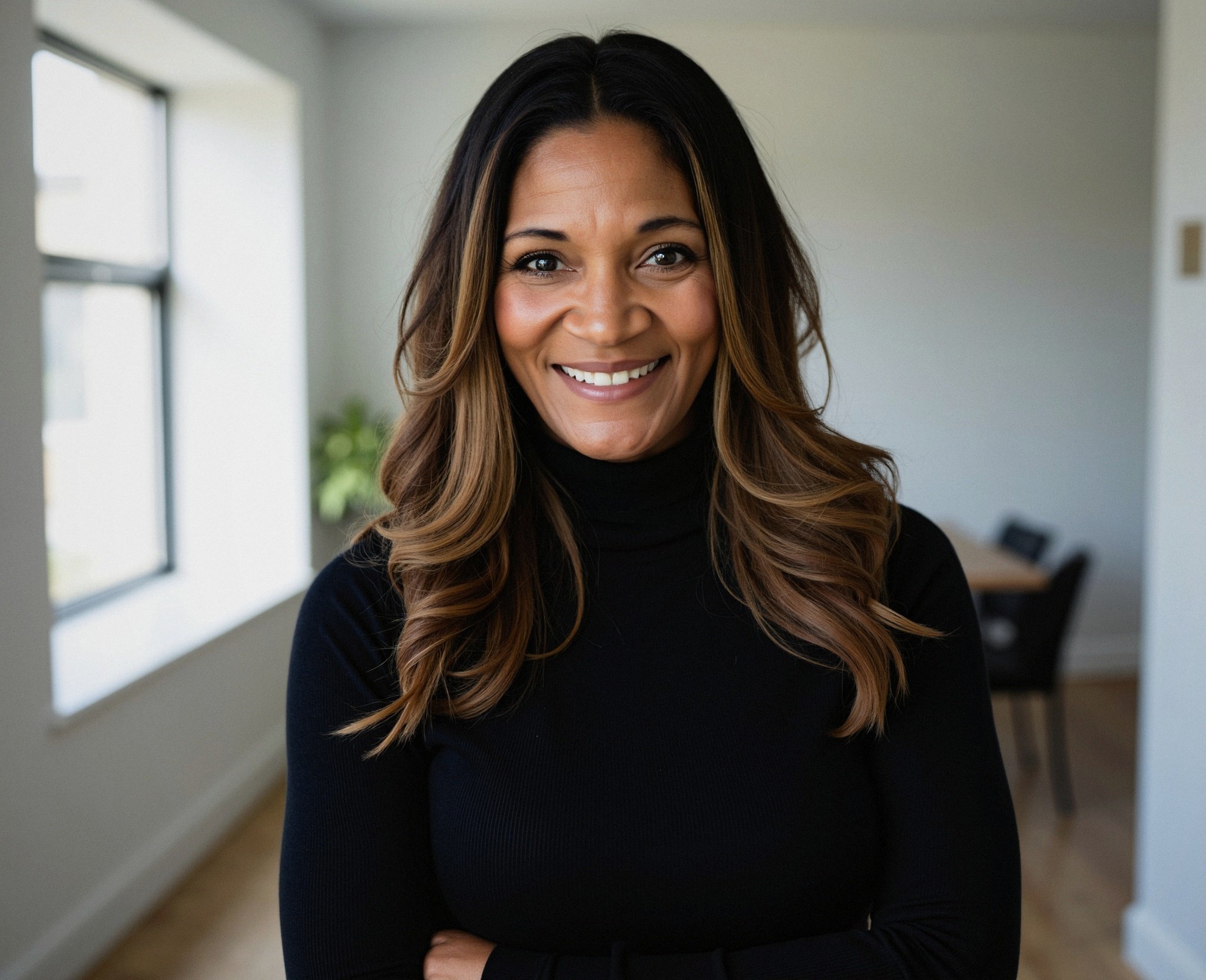 A woman with long wavy brown hair, smiling at the camera, wearing a black turtleneck sweater, standing in a brightly lit room with windows and a dining area in the background.