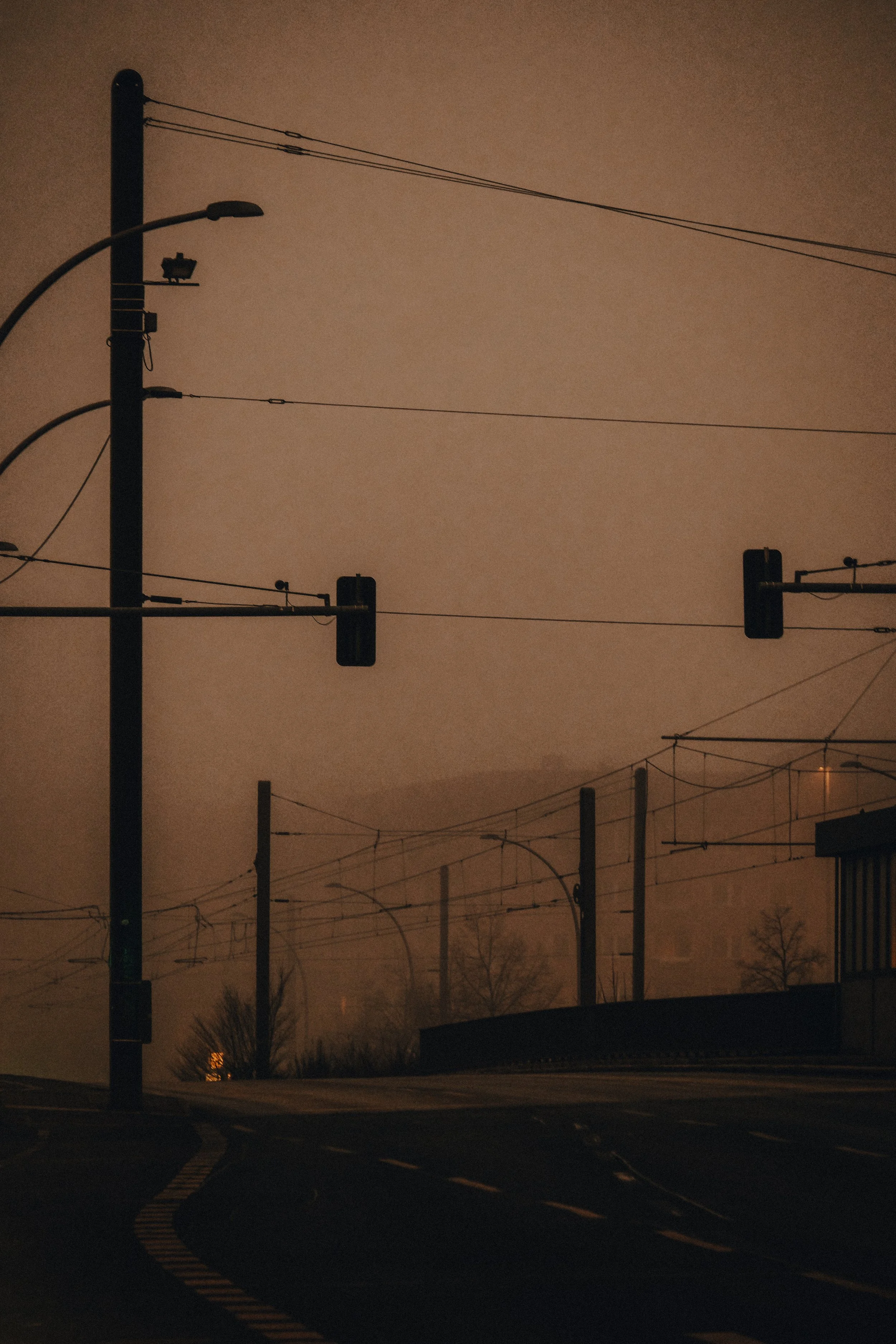 Straßenbahnschienen und Ampeln bei Nebel in der Nacht, dunkle Silhouetten von Bäumen und Gebäuden im Hintergrund.