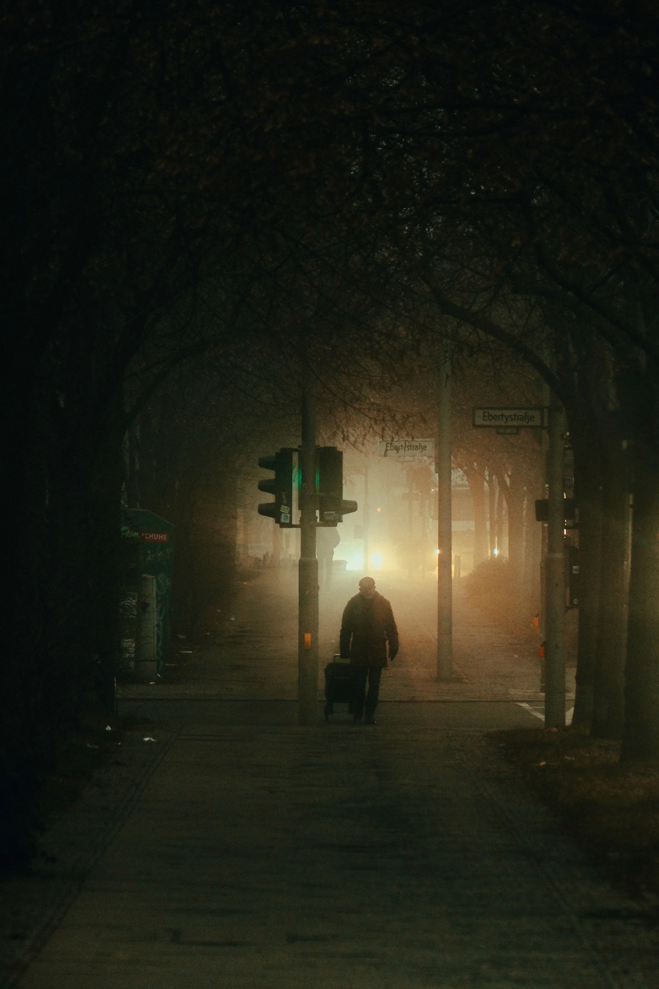 Eine Person mit einem Kofferläuft nachts auf einer leeren, nebeligen Straße, umgeben von Bäumen und Verkehrsampeln.