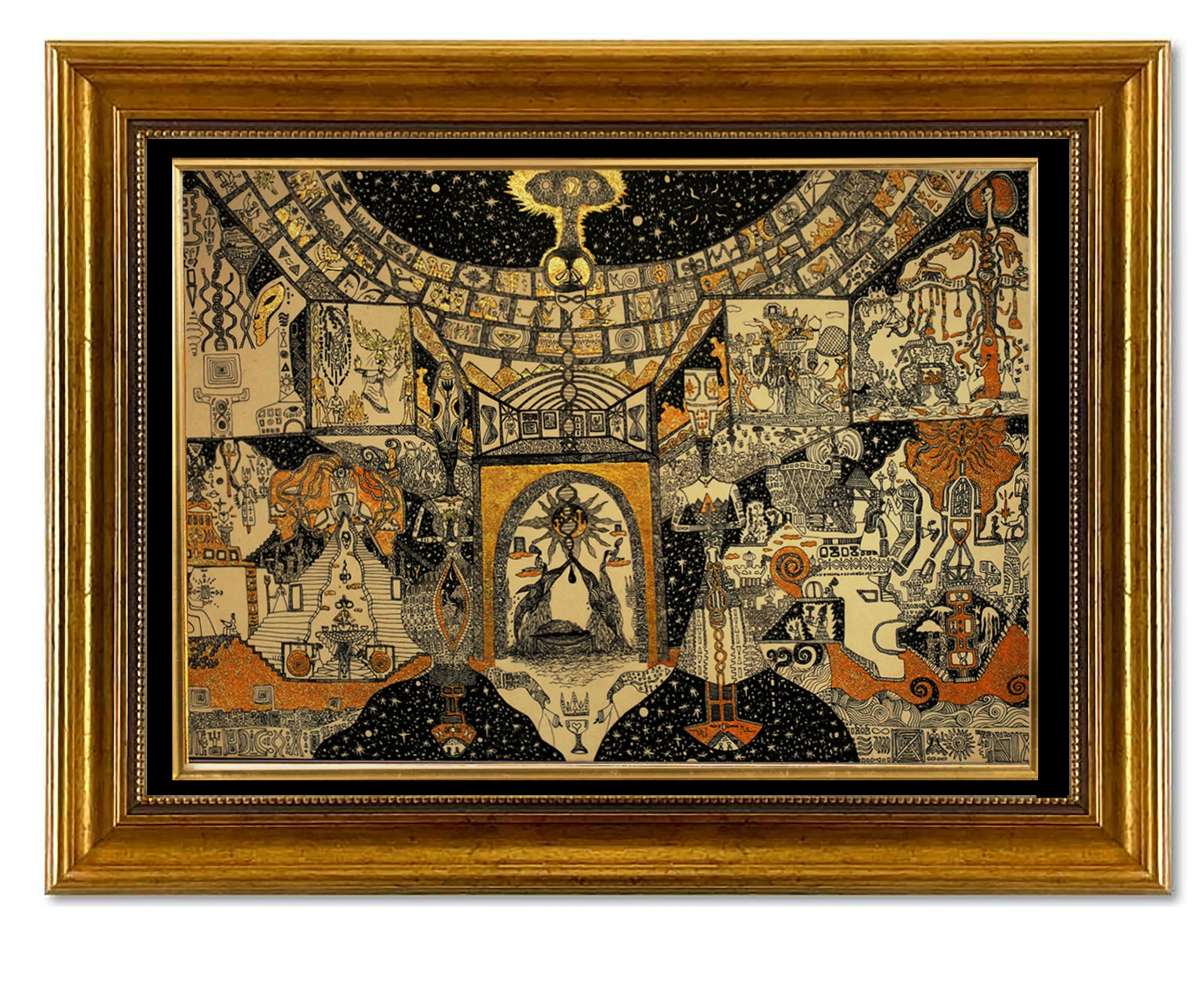 A magical journey full of color gold and high frequency Ancient Futurism by Katibi. 100% human-made shamanic art. Often compared by collectors to the raw energy of Basquiat and the ornate aesthetic of Klimt. Quantum physics and poetic soul visions." 