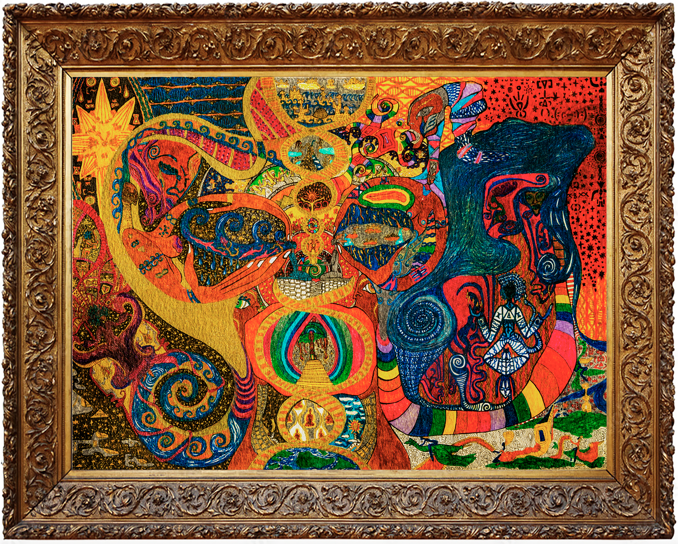 Ancient Futurism art by Katibi: 'Divine union Gemini Pisces'. 100% human-made shamanic work. This journey is between the higher unification of Pisces and Gemini. magical journey of high vibrational art and absolute perfection , high frequency art