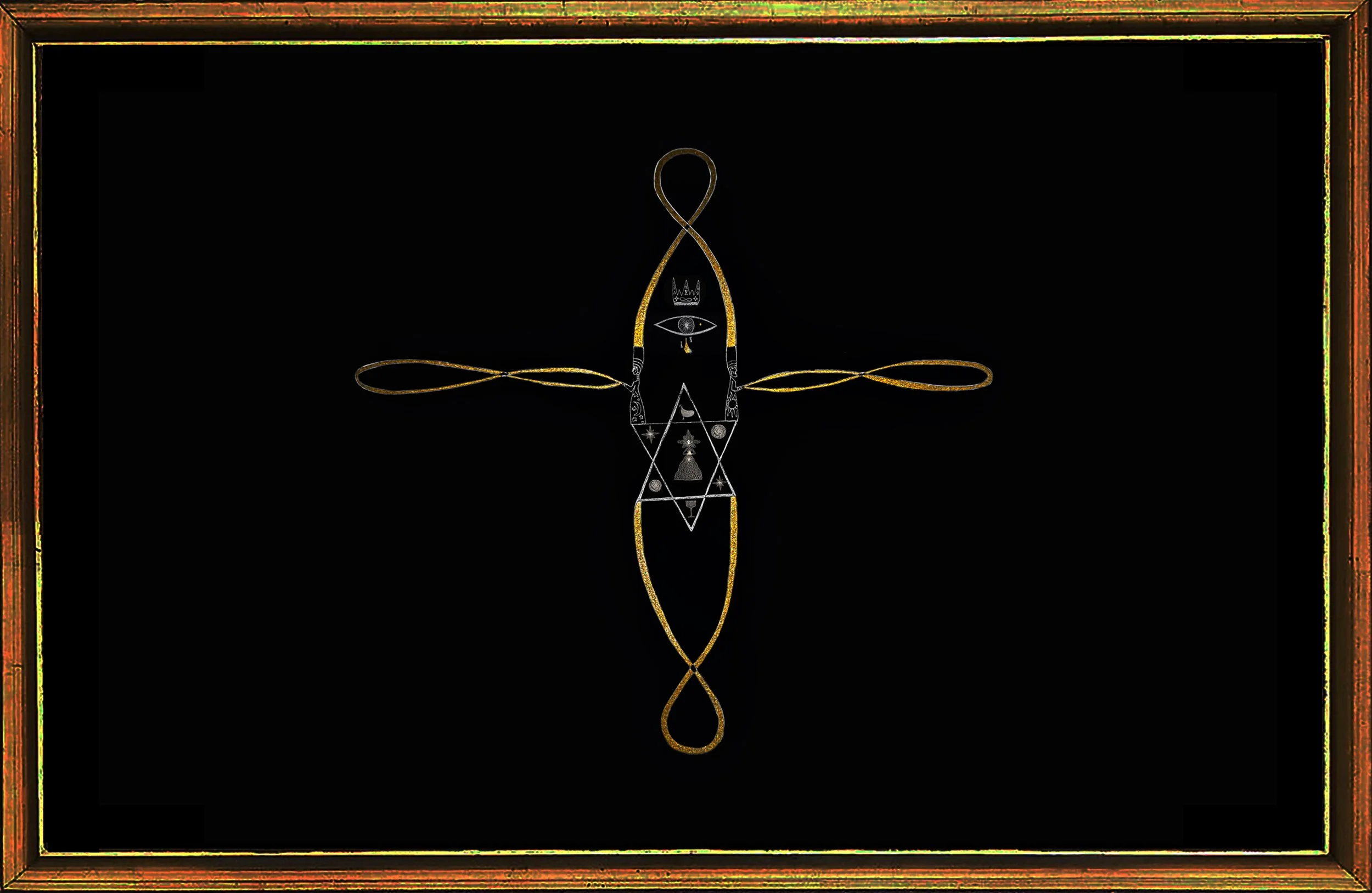 A magical journey full of color gold and high frequency Ancient Futurism by Katibi. 100% human-made shamanic art. Often compared by collectors to the raw energy of Basquiat and the ornate aesthetic of Klimt. Quantum physics and poetic soul visions." 