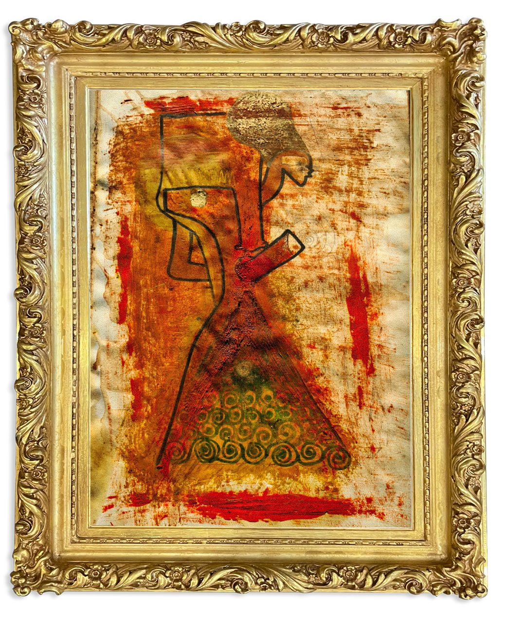 A strong an primal piece high frequency Ancient Futurism by Katibi. 100% human-made shamanic art. Often compared by collectors to the raw energy of Basquiat and the ornate aesthetic of Klimt. Quantum physics and poetic soul visions." 