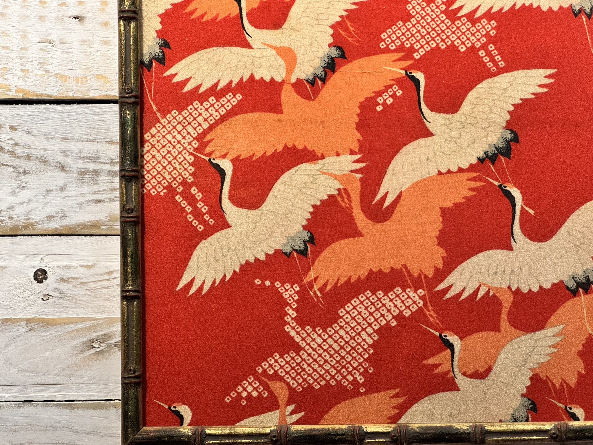 framed vintage Japanese silk kimono with flying cranes
