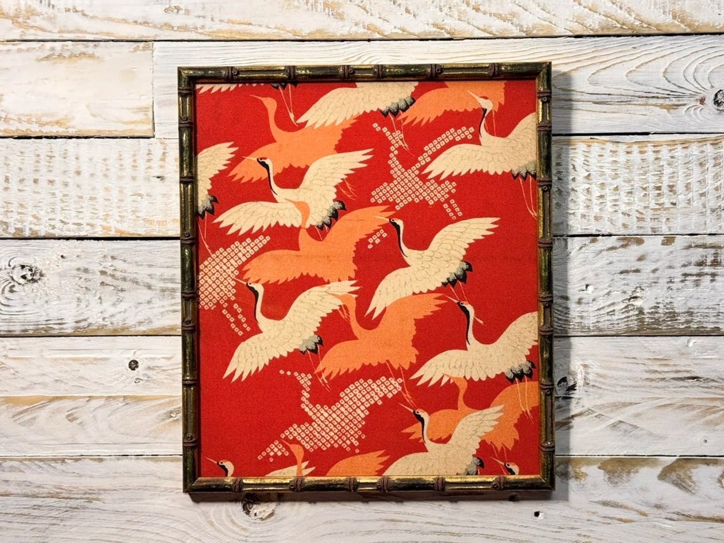 framed vintage Japanese silk kimono with flying cranes