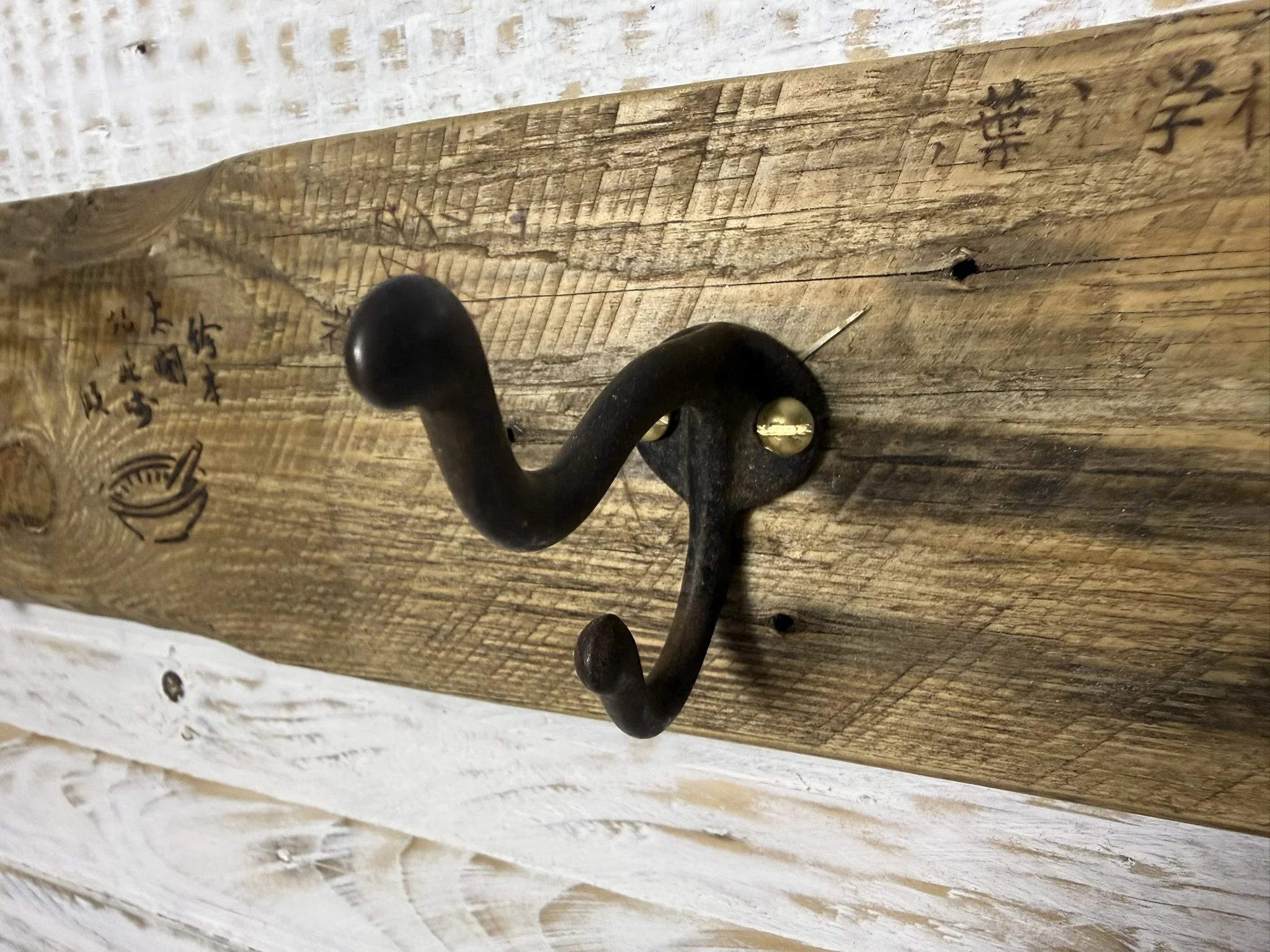 Reclaimed Wood Hook Rail with Vintage Metal Hooks and Burnt Japanese Design