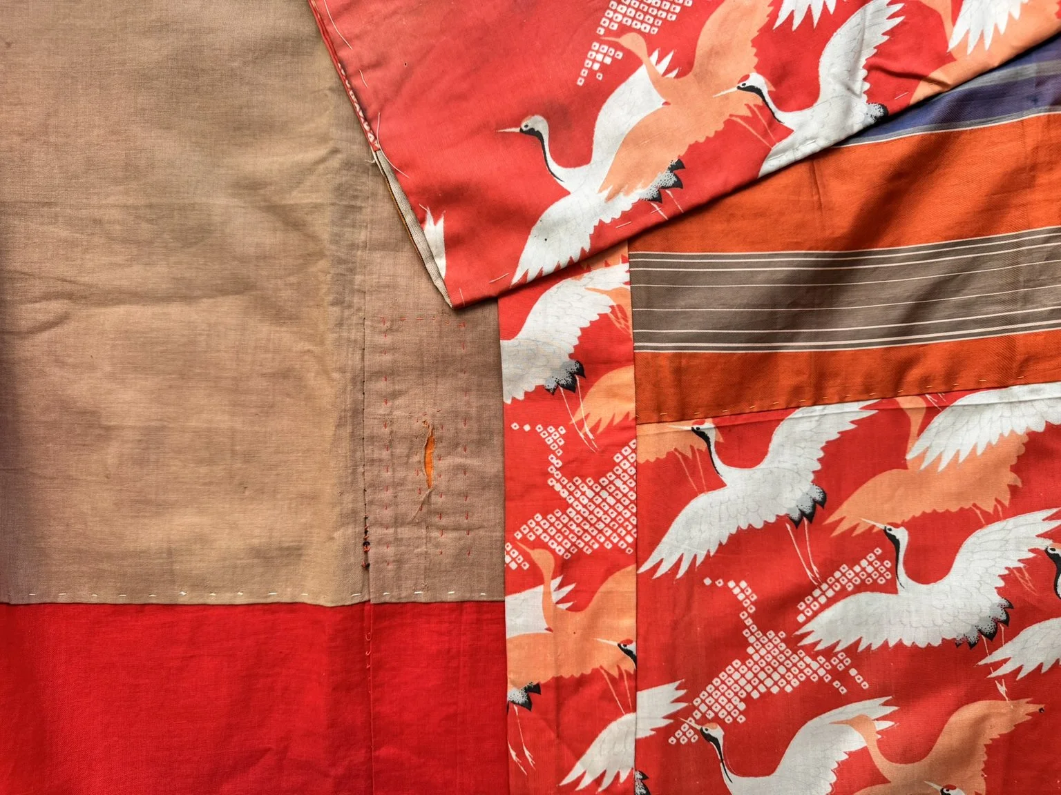 framed vintage Japanese silk kimono with flying cranes