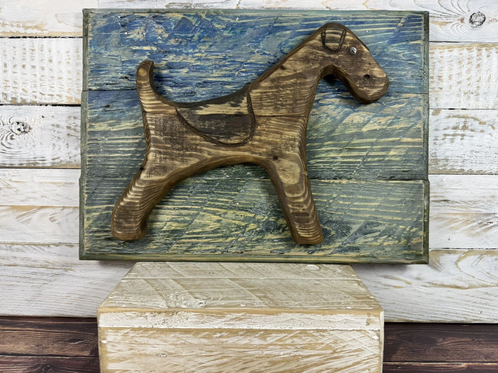 Hand-Carved Lakeland Terrier Wall Art – Reclaimed Wood Dog Sculpture