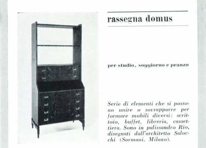 Black and white image of a mid-century modern wooden sideboard or cabinet with shelves and drawers, next to a page of Italian text discussing furniture design.