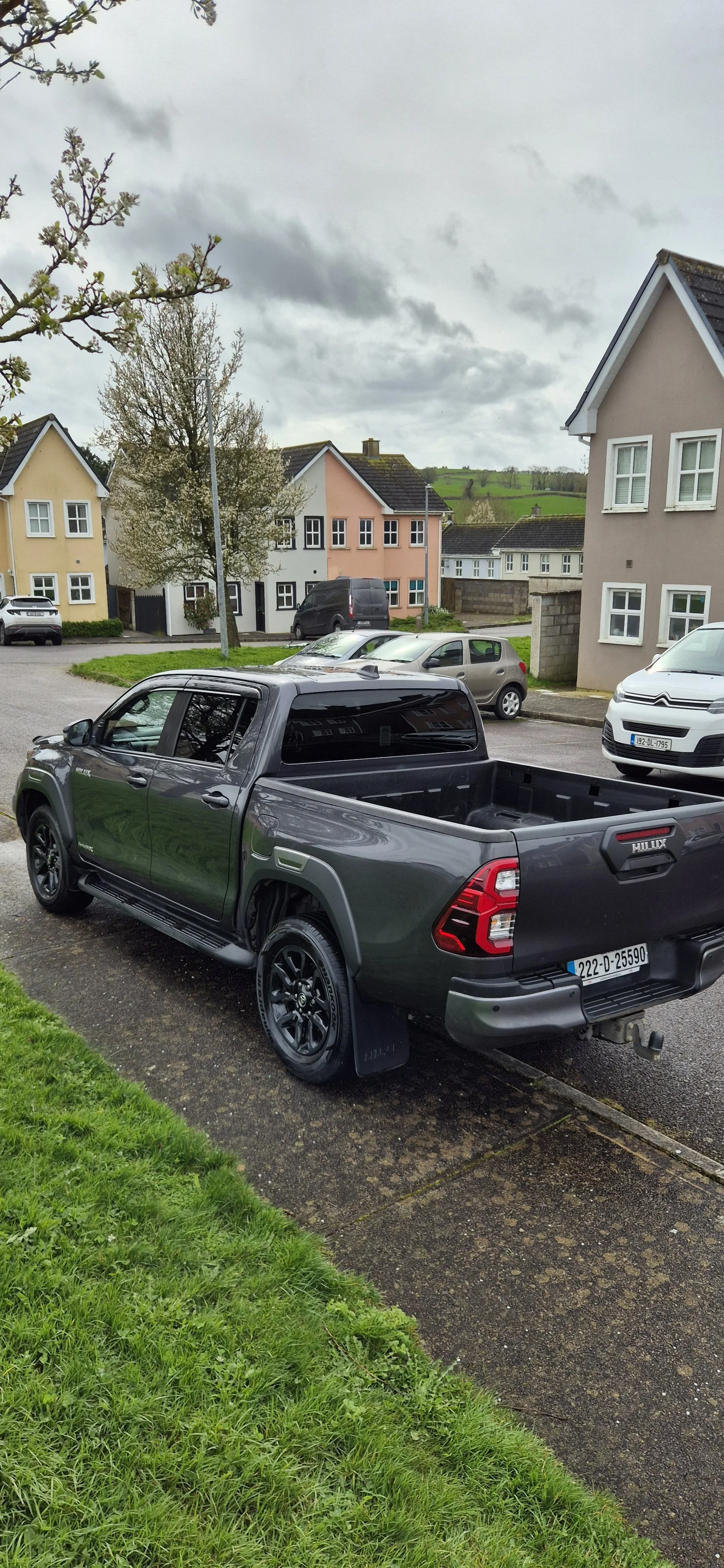 Gray Toyota Hilux pickup truck parked on a residential street with colorful houses in the background under cloudy sky.