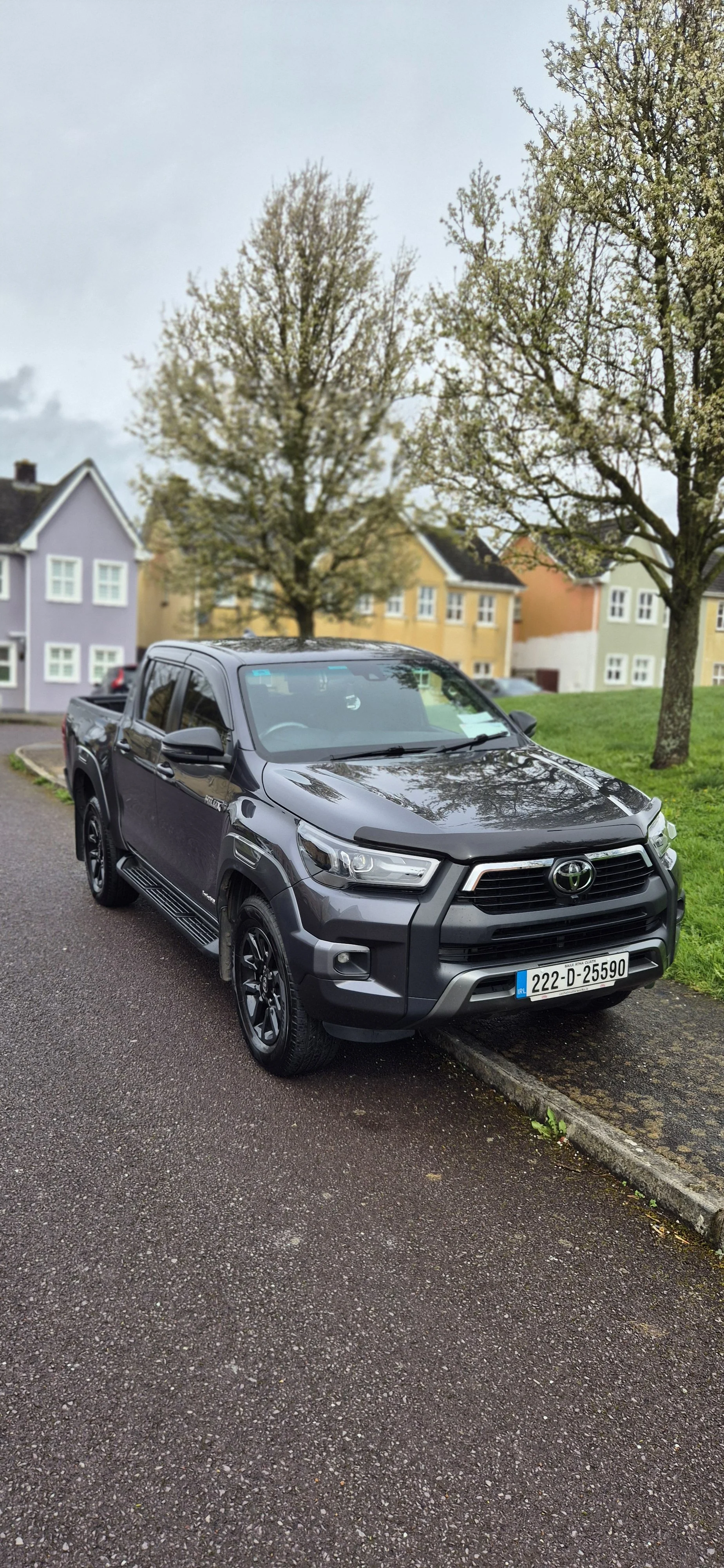 A dark gray Toyota Tacoma pickup truck parked on a residential street with colorful houses and trees in the background.