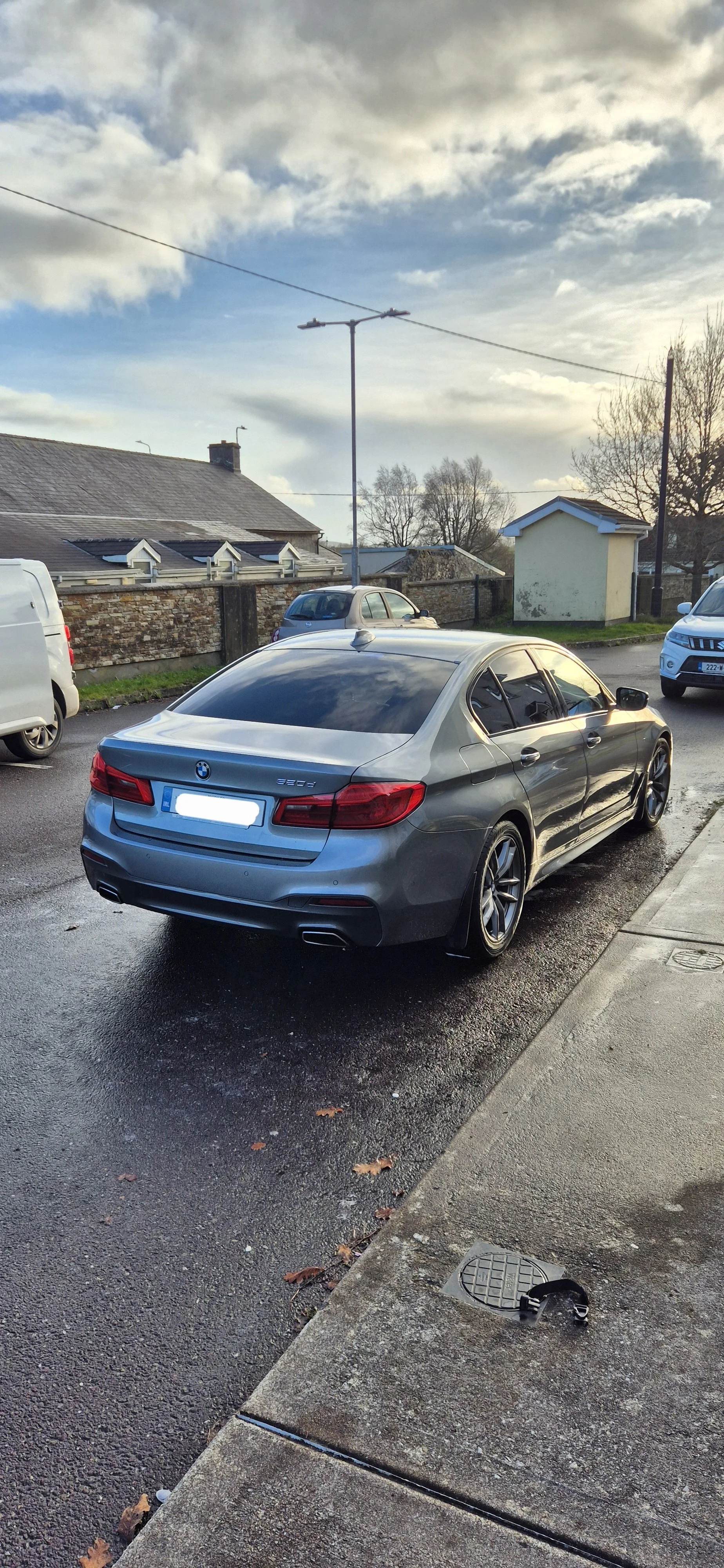 A metallic gray BMW 520d sedan parked on a wet street next to a sidewalk, with a white van and another car nearby, under a cloudy sky.