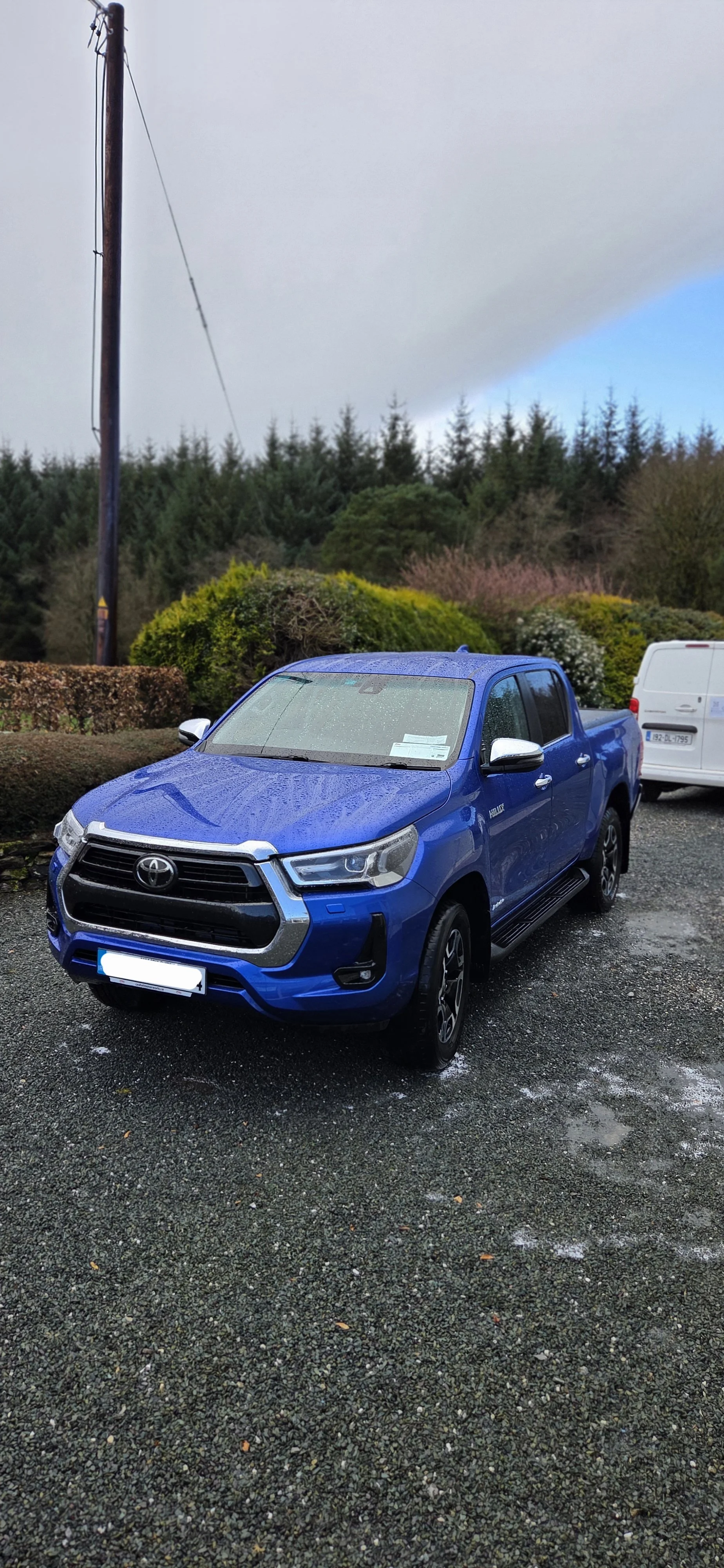 A blue Toyota pickup truck parked on a gravel lot with rain droplets on the windshield. In the background, a white van is parked next to bushes and trees, and a tall utility pole stands under a cloudy sky.