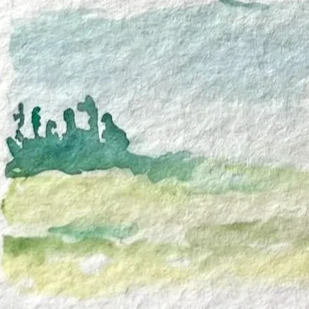 A watercolor painting of a landscape with a cloudy sky, fields, and a cluster of trees or bushes on a small hill.