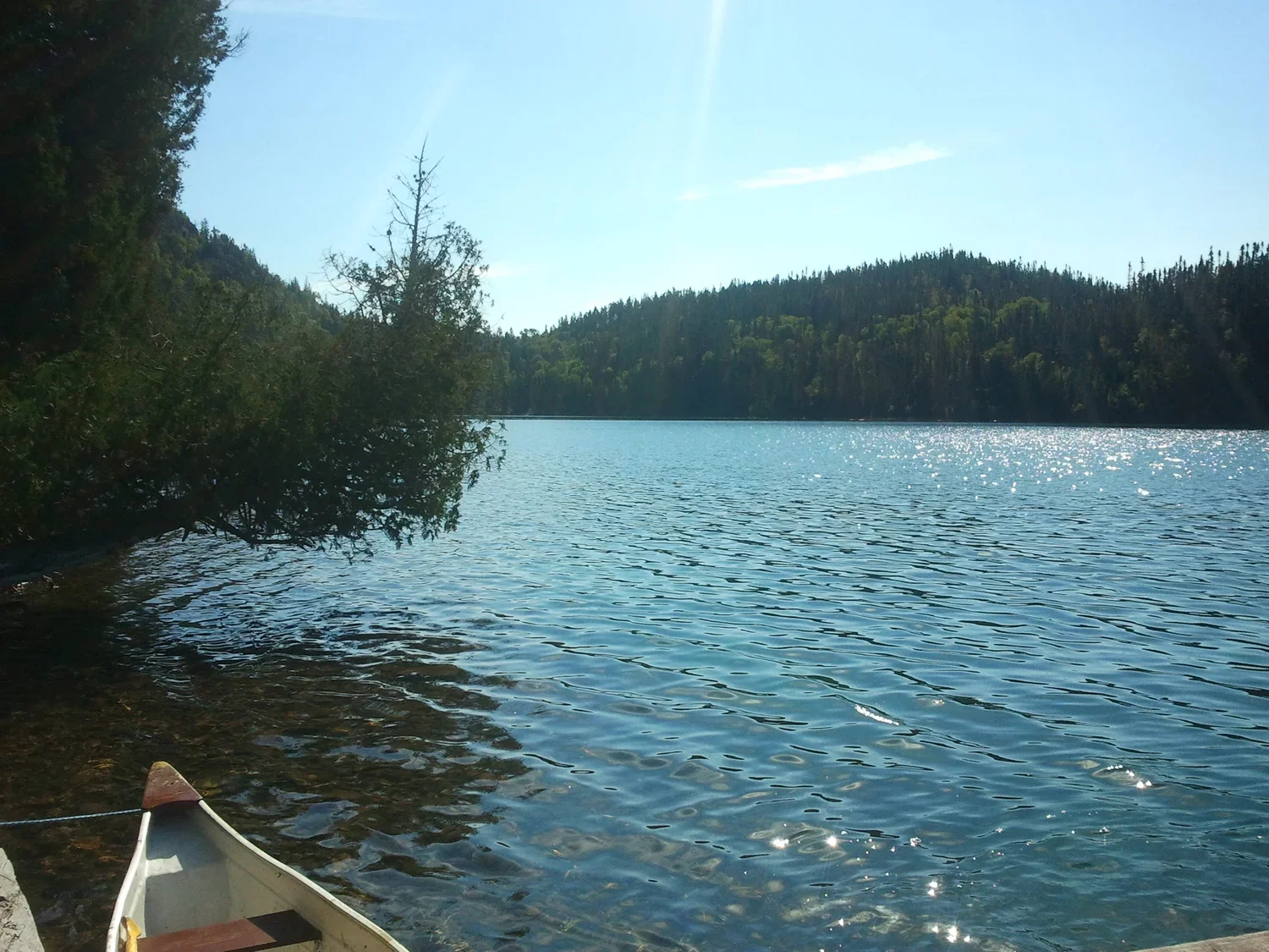 A peaceful lake scene with calm water reflecting sunlight, surrounded by green trees and hills under a clear blue sky.