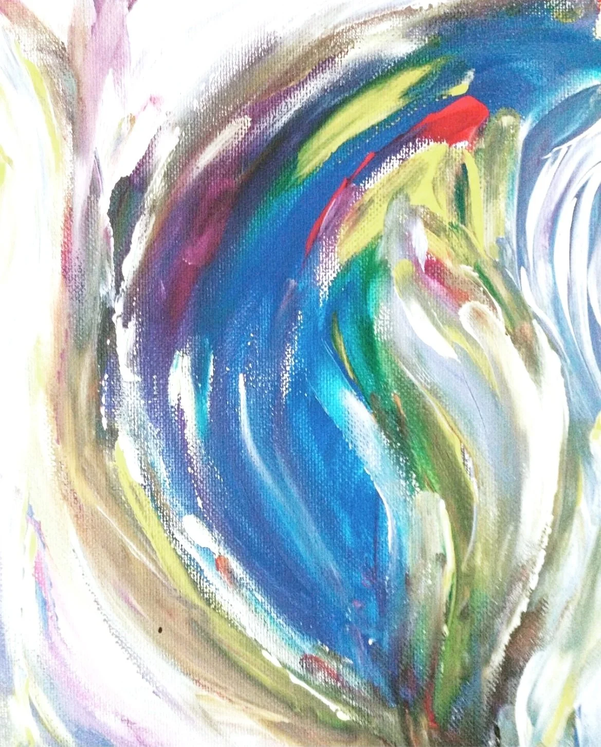 Abstract painting with swirling colors including blue, green, red, yellow, purple, and white.