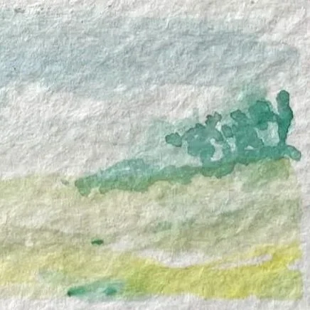 A watercolor painting of a green landscape with a group of trees on a hill, under a blue sky.