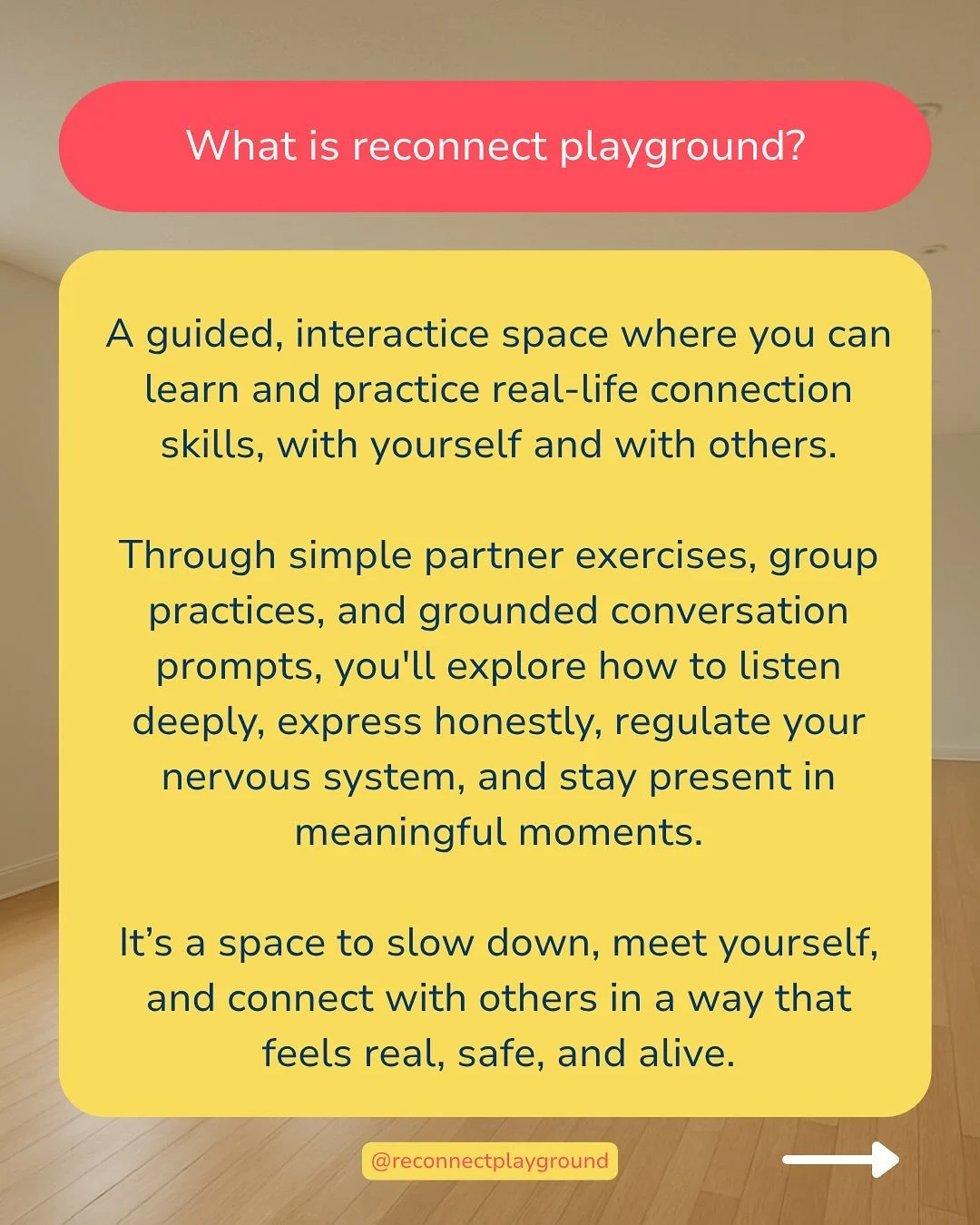 what if connection was something we could practice?

reconnect playground offers experiential sessions where people come together to play, learn, and reconnect, with themselves and one another ♾️ 
through playful, hands-on workshops for individuals a
