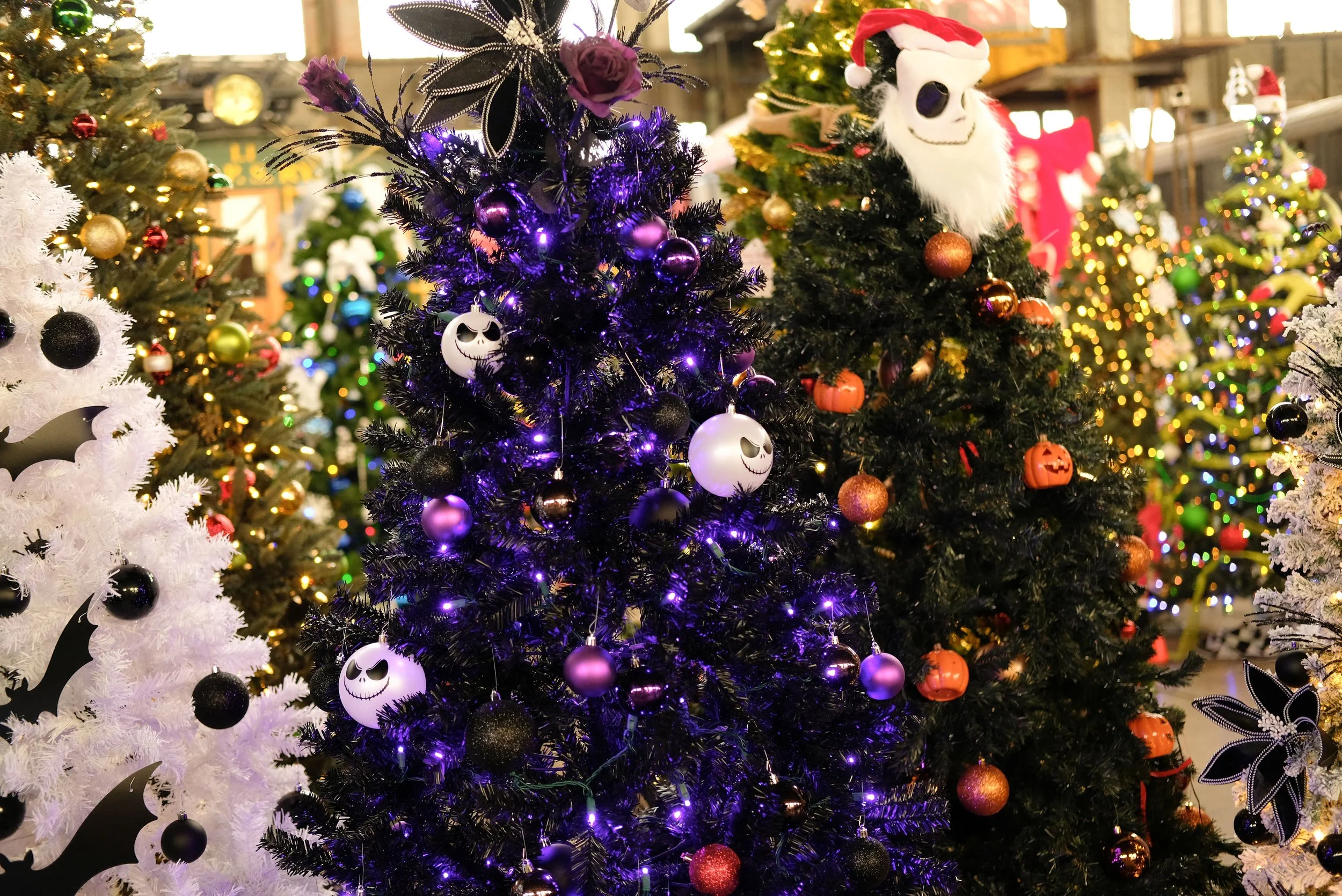 Various decorated Christmas trees with ornaments and lights at a store display.
