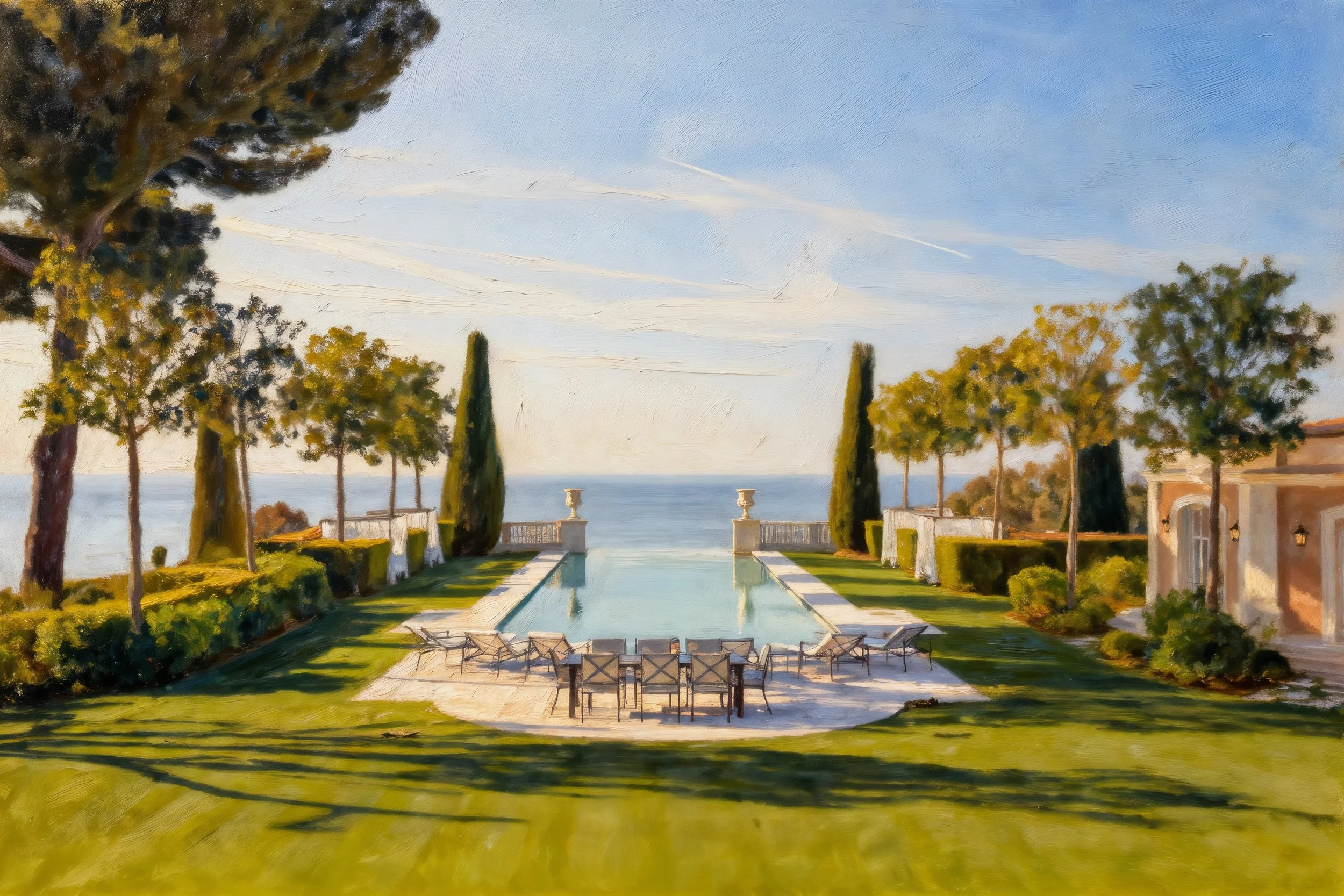 A landscaped garden with a rectangular pool, surrounded by green grass, trees, and shrubs. In the background, there is a body of water with a clear sky and some clouds overhead.