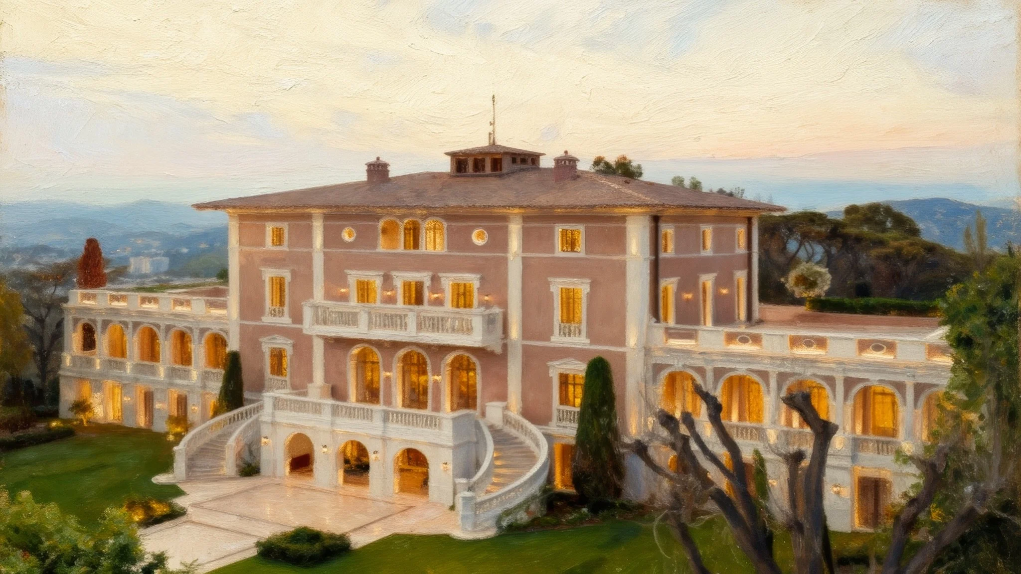 A grand Mediterranean-style villa at sunset with warm glowing windows, lush greenery, and a mountain landscape in the background.