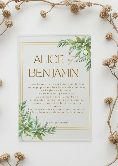 Faire part mariage plexiglass transparent fleuri Laurier maison mossia