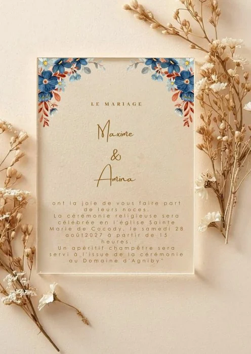 Faire part mariage plexiglass transparent fleuri bleue Blue maison mossia