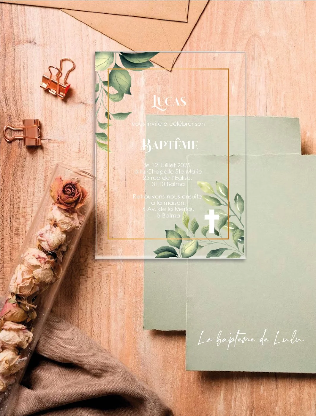 faire part mariage en plexiglass theme vegetal