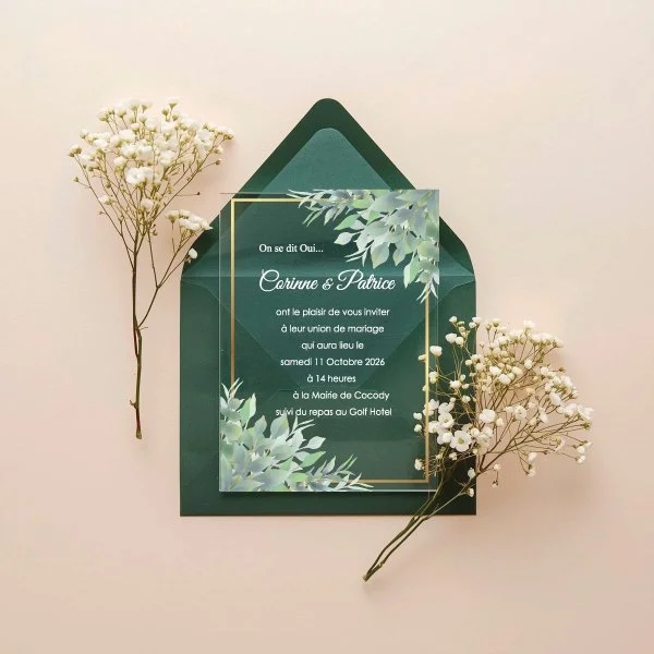 faire part mariage en plexiglass thème eucalyptus