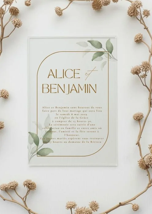 Faire part mariage plexiglass transparent arche filament maison mossia