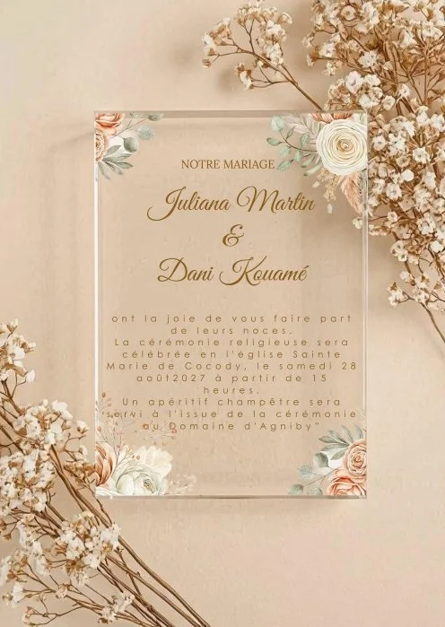 Faire part mariage plexiglass transparent fleuri Pêche maison mossia