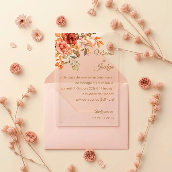 faire part mariage en plexiglass theme amarylis fleuri