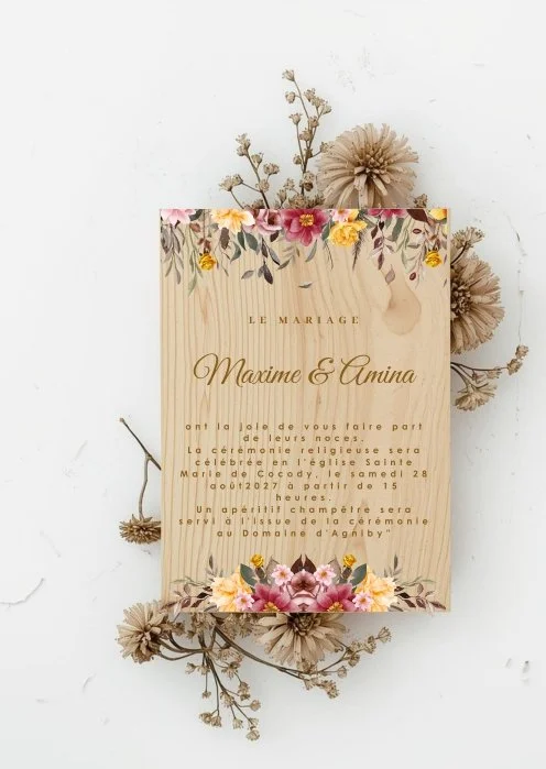 Faire part mariage bois fleuri Burgundy maison mossia